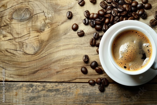 A cup of coffee placed on top of a wooden table