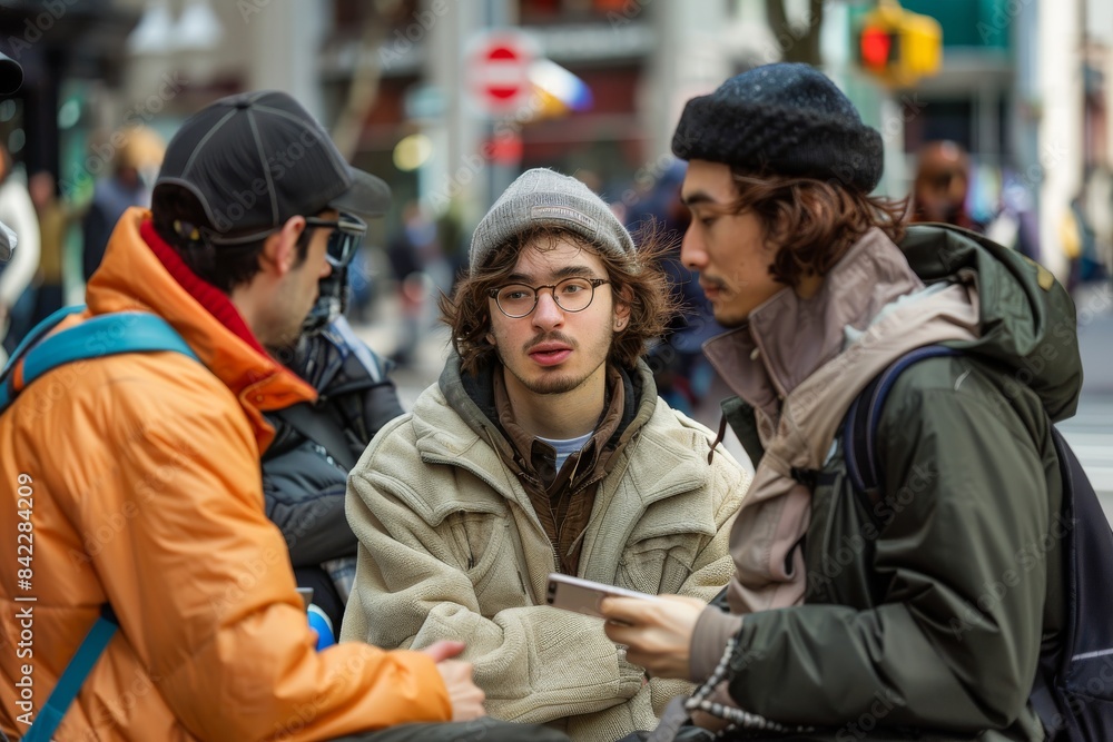 Group of young people using mobile phone while walking in the city. Group of young people using mobile phone while walking in the city.