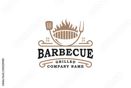 vintage retro of Barbecue restaurant logo design with pan, fork, spatula graphic idea for food party bbq