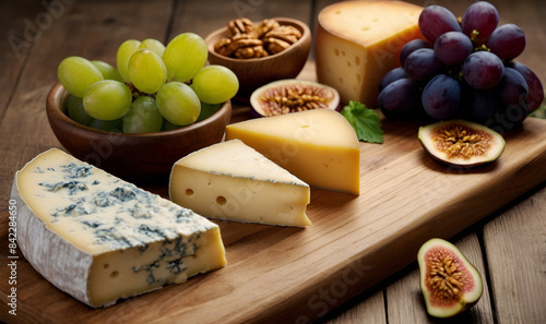 several different types of cheeses and grapes, on a wooden board, on a rustic table photo