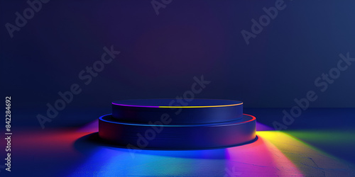 Minimalistic scene with an empty stage a circle podium on a dark blue background and a rainbow cryst
 photo