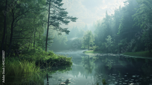 A forest with a river running through it