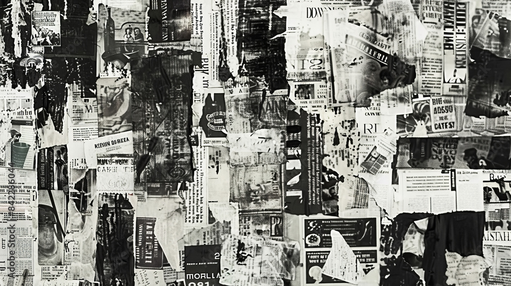 A collage of newspaper clippings with a black and white background