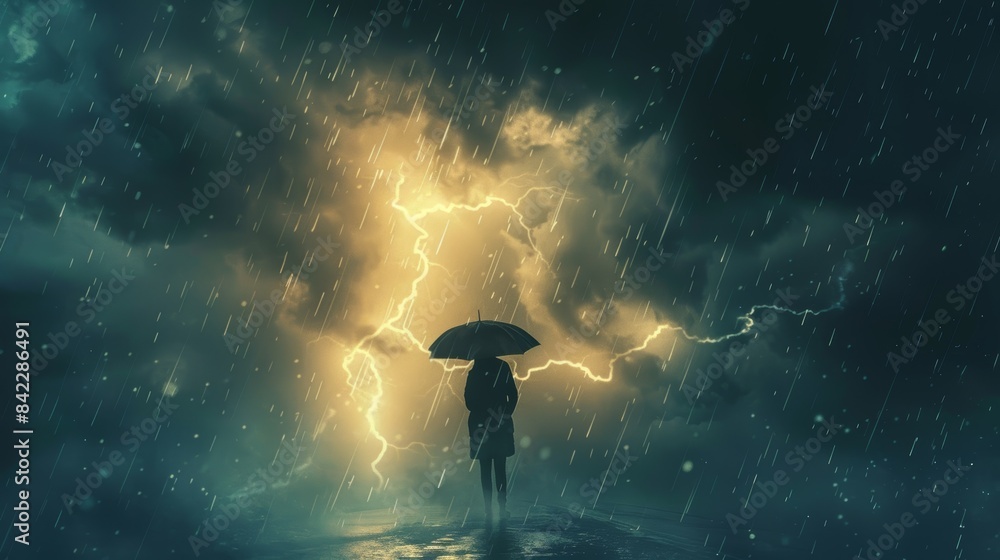 Naklejka premium Silhouette of a person holding an umbrella during a lightning storm, capturing the dramatic and intense atmosphere.