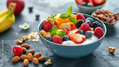 A colorful bowl of fresh fruits and yogurt  garnished with mint  surrounded by nuts  creating a healthy and nutritious breakfast.