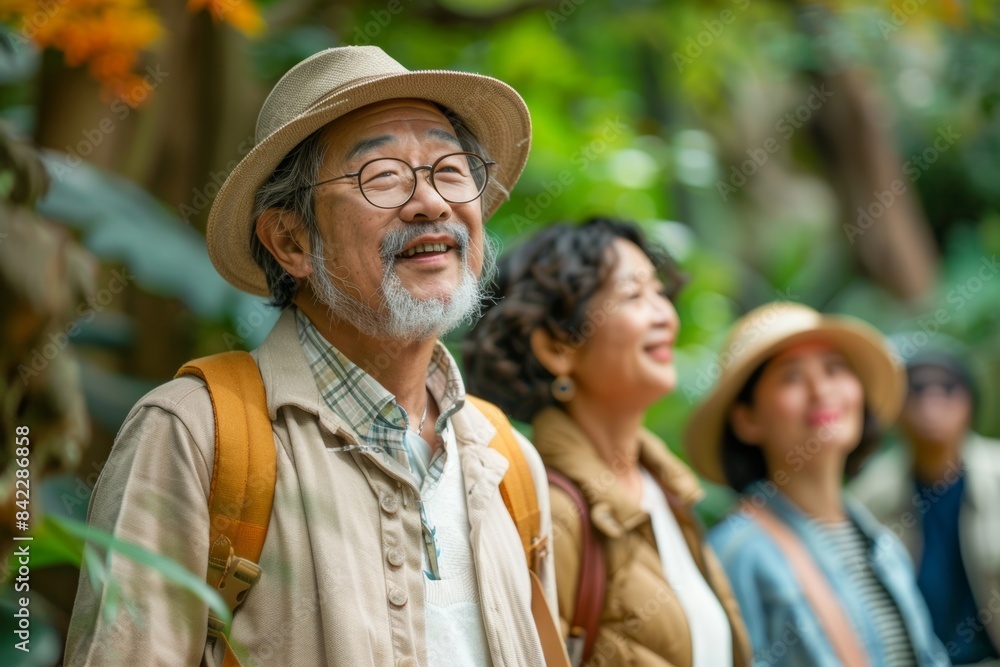 Happy asian senior man looking at camera with family in the park Happy asian senior man looking at camera with family in the park