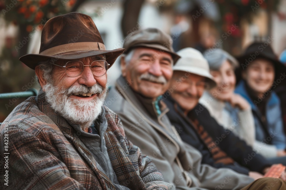 Portrait of a senior man with his friends in the street. Portrait of a senior man with his friends in the street.