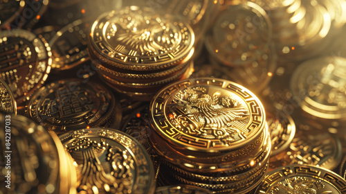 A pile of gold coins with a design on them