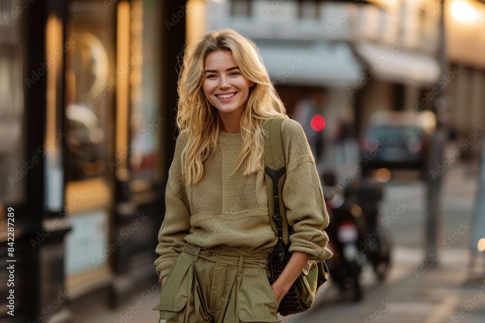 Fototapeta premium A woman is smiling and wearing a brown sweater and khaki pants