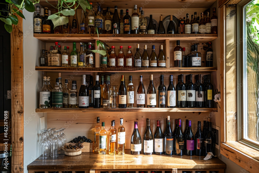 A wooden shelf with many bottles of wine and a few glasses A wooden shelf with many bottles of wine and a few glasses