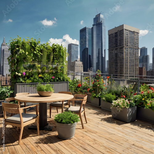 Urban rooftop garden with cityscape view generative AI