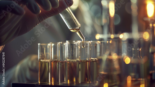 Wallpaper Mural A person is pouring a liquid into a series of test tubes Torontodigital.ca