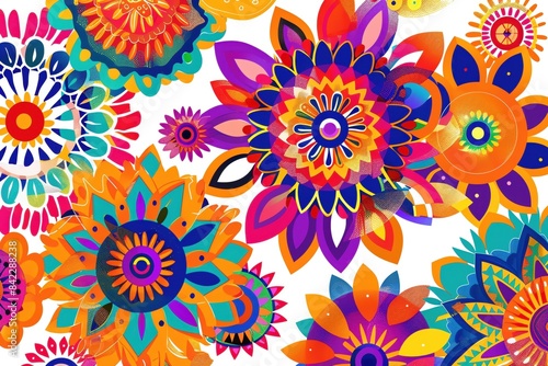 Vibrant and colorful abstract floral pattern with various intricate designs and shapes, suitable for decorative and artistic backgrounds.