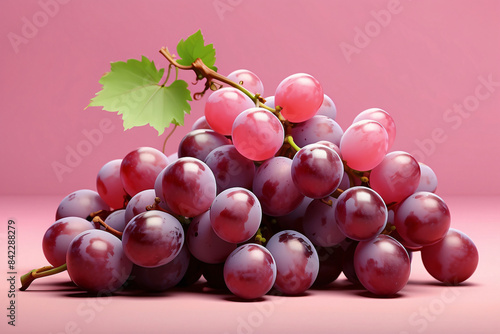 A bunch of red grapes with a green leaf on top