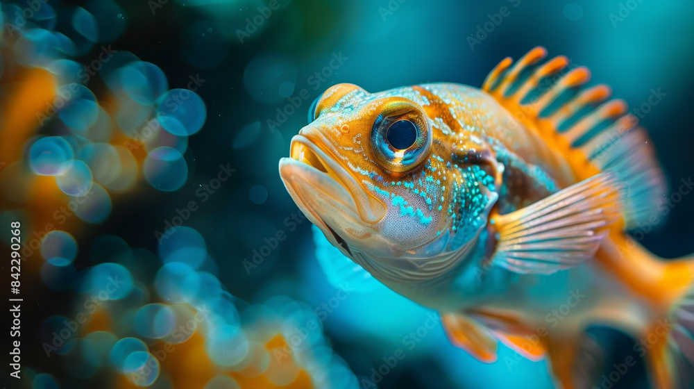 A fish with a blue and orange body is swimming in a tank A fish with a blue and orange body is swimming in a tank