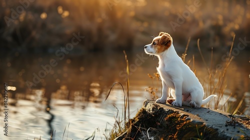 1 puppy in nature white dog Jack Russell Terrier puppy in the Park on the shore of a pond : Generative AI