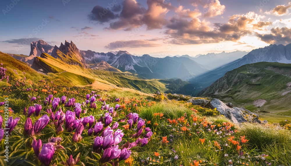 Obraz premium Realistic Painting Style of a landscape of Mountain and colorful flowers scenery with warm sunlight. Nature Landscape Scenery.
