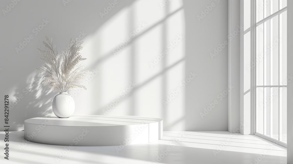 abstract white poduim stand produck mock up background minimalist modern luxury. Bright white interior with a large window in an empty room abstract white poduim stand produck mock up background minimalist modern luxury. Bright white interior with a large window in an empty room