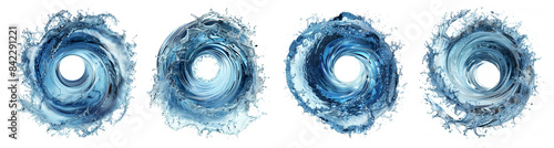 Photos of water flow vortices on a white background