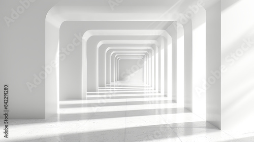 Fototapeta Naklejka Na Ścianę i Meble -  abstract white walk way future background minimalist modern luxury. White Corridor Columns in a 3D Render Abstract Architecture Background.
