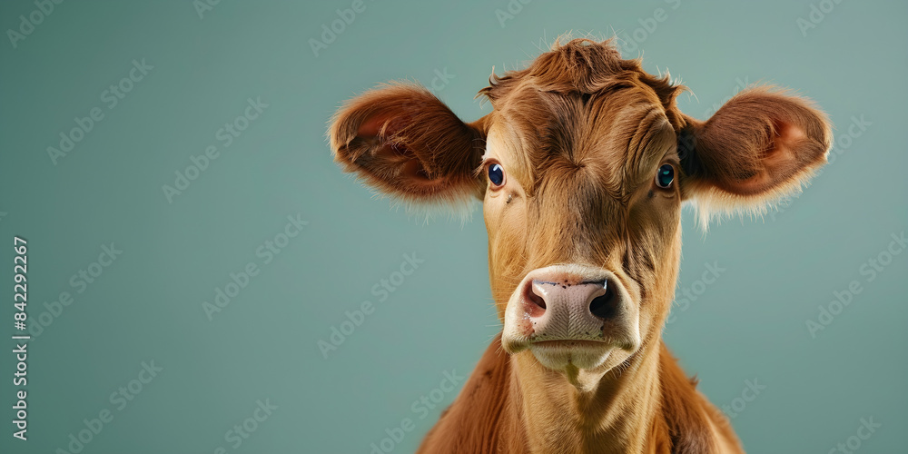 A funny cow looks into the camera, representing the concept of dairy or meat products. A funny cow looks into the camera, representing the concept of dairy or meat products.