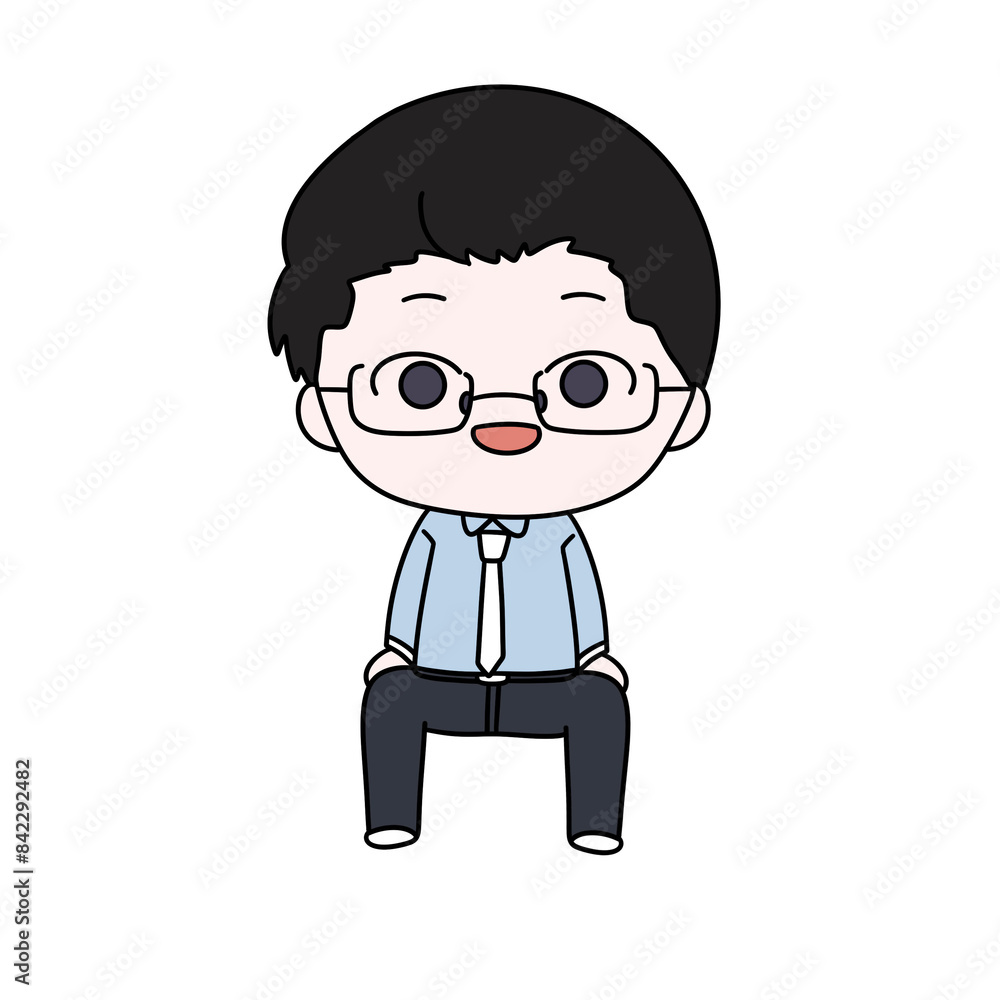 A cartoon character wearing glasses and a blue shirt is sitting on a chair A cartoon character wearing glasses and a blue shirt is sitting on a chair