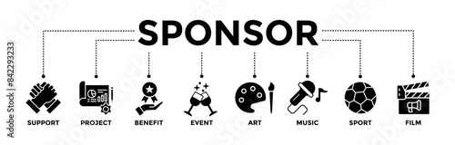 Sponsor banner icons set. Vector graphic glyph style with icon of support, project, benefit, art, event, music, sport, and film	