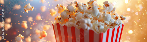 Close-up of a popcorn box with kernels popping in the background. Perfect for movie night, entertainment, and snack-related designs. photo