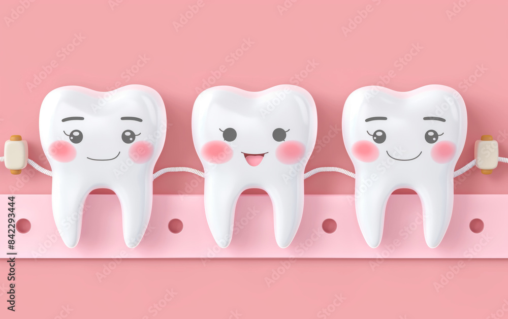 Cute cartoon teeth characters brushing on a pink background promoting ...