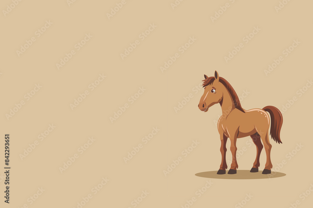 Obraz premium Cheval brun dessiné sur fond beige, espace négatif copyspace, minimaliste, capturant la grâce et la puissance de cet animal majestueux.