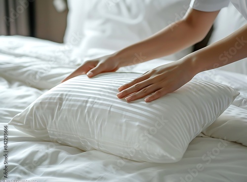 Close up hands of housekeeper making bed in hotel room,
