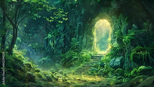 A mysterious garden hidden within an ancient cave system its entryway marked by a glowing stone archway. photo