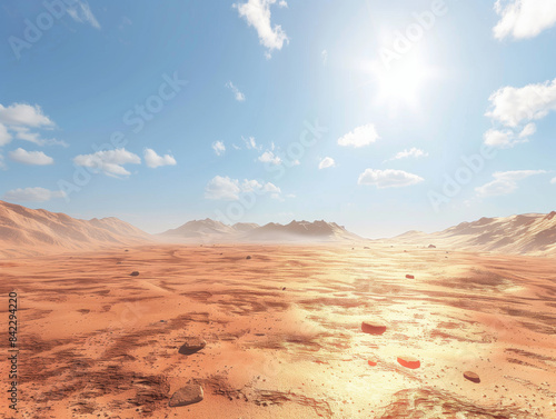 Scenic desert landscape under clear blue sky with sun shining bright  capturing the beauty of arid sandy terrain with distant mountains.