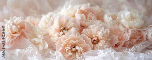 A gentle cascade of peony blooms set against white, airy lace, capturing a sense of serene elegance with subtle notes of sandalwood and jasmine photo