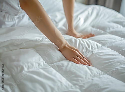 Close up of a woman's hand making a bed in a hotel room in the style of cleaning and yard work concept