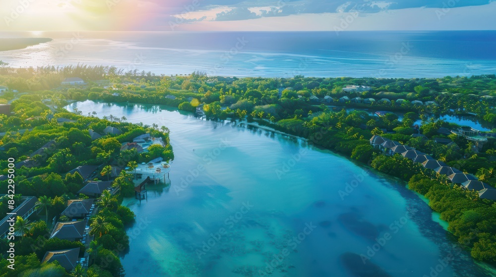 Aerial view of the beautiful resort lagoon waters surrounded by garden trees. Aerial view of the beautiful resort lagoon waters surrounded by garden trees.