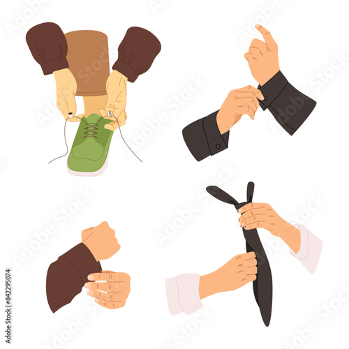 Set of male hands with basic nail design isolated on a white background. Male manicure concept. Man fastening cufflinks, tying ties and shoelaces. Elegance male daily routine. Colors manicure and