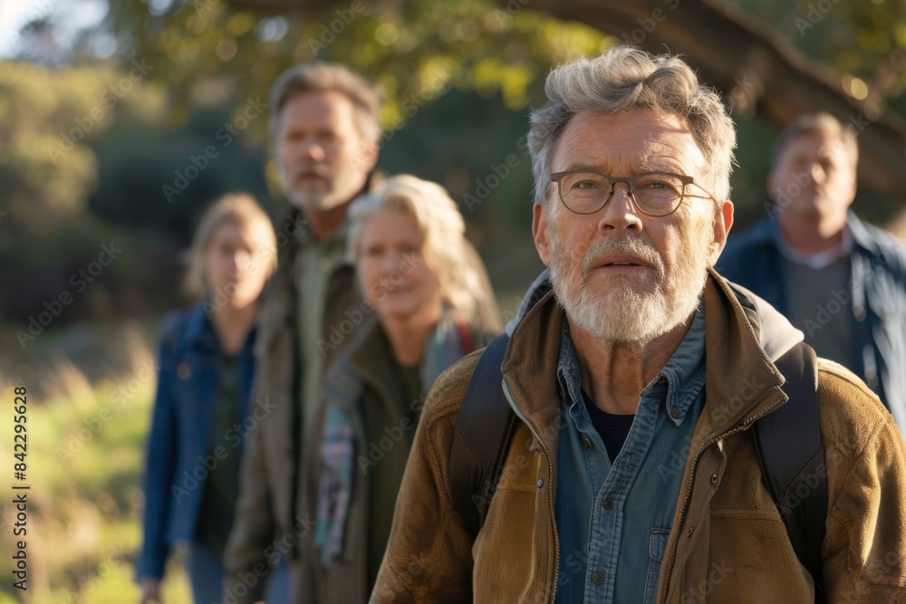 Portrait of senior man with group of friends standing in the park Portrait of senior man with group of friends standing in the park