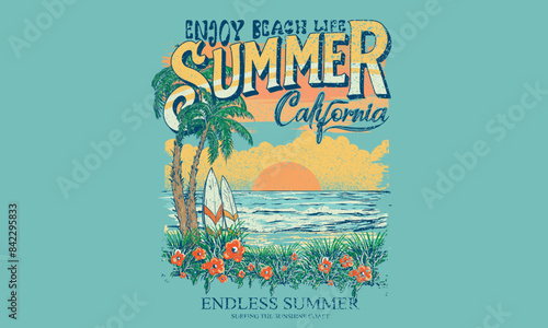 Tropical flower. Summer slogan t-shirt. Surf club design. Beach wave artwork. Surfing board. Summer abstract art. Sunshine paradise graphic print design. Tropical island art for fashion and others. 