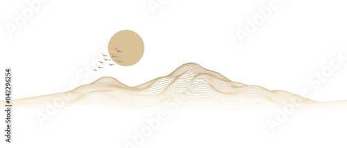 Vector abstract art landscape mountain with birds and sunrise sunset by golden line art texture isolated on transparent background. Minimal luxury style for wallpaper, wall art decoration.