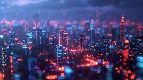 High-tech cityscape with illuminated network connections.