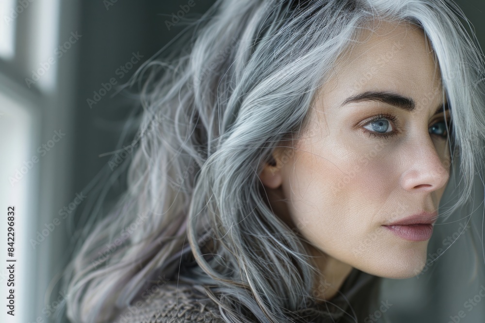 Fototapeta premium Gray Hair Problem: A Woman Revealing Roots with Grey Hair, Going Natural