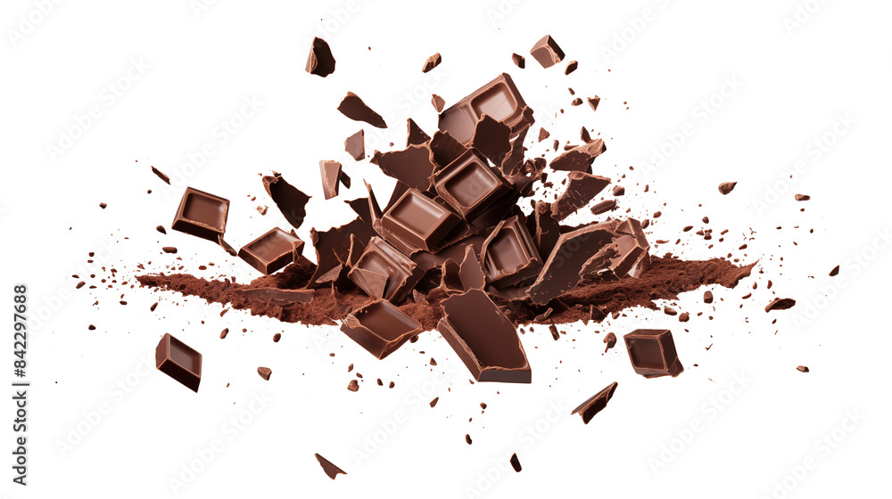 Fototapeta premium Chopped dark chocolate splash isolated on transparent white background, clipping path