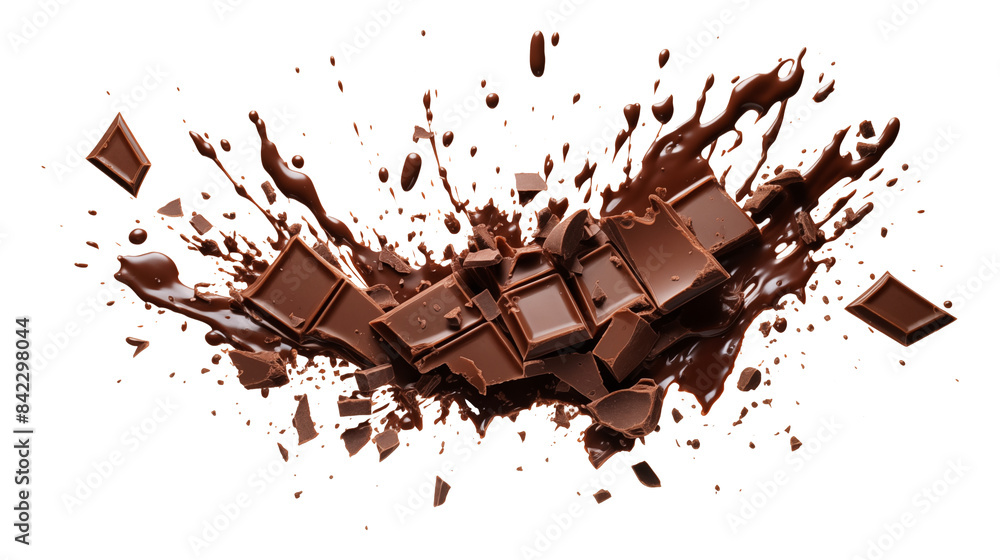 Fototapeta premium Chopped dark chocolate splash isolated on transparent white background, clipping path