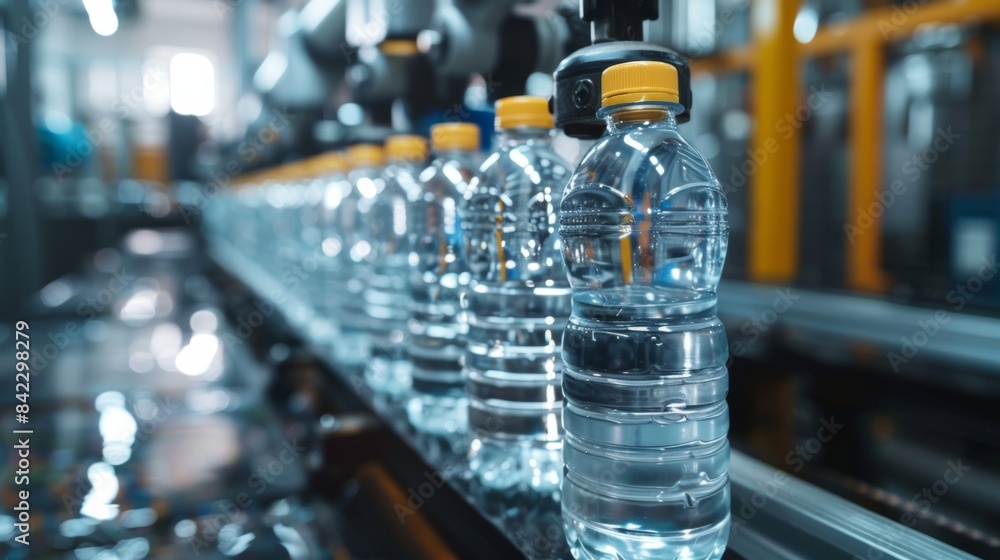 A row of plastic water bottles with yellow caps on an assembly line in a factory setting. A row of plastic water bottles with yellow caps on an assembly line in a factory setting.