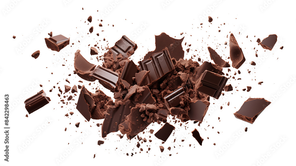 Fototapeta premium Chopped dark chocolate splash isolated on transparent white background, clipping path