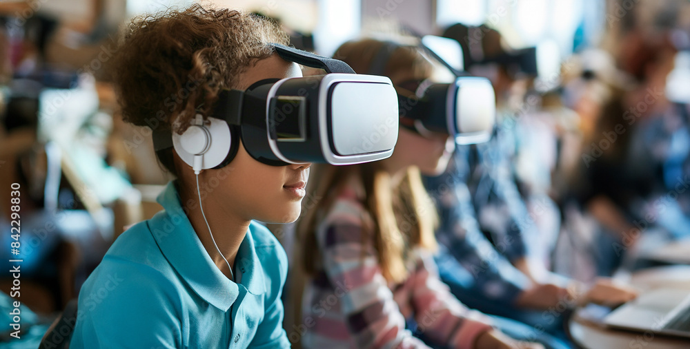 A students or professionals using headsets to simulate real-world scenarios or explore educational content