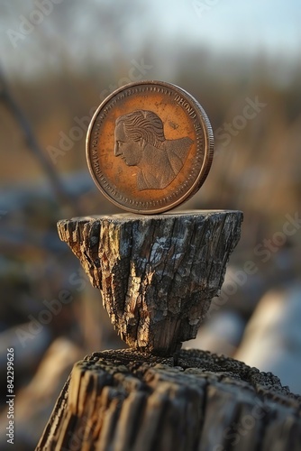 A coin that lands on its edge, balancing decisions with the possibility of choosing neither heads nor tails photo