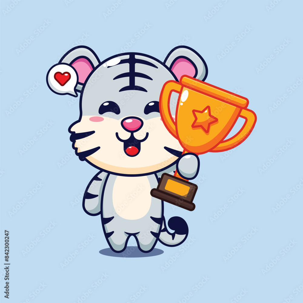 Cute white tiger holding gold trophy cup cartoon vector illustration Cute white tiger holding gold trophy cup cartoon vector illustration