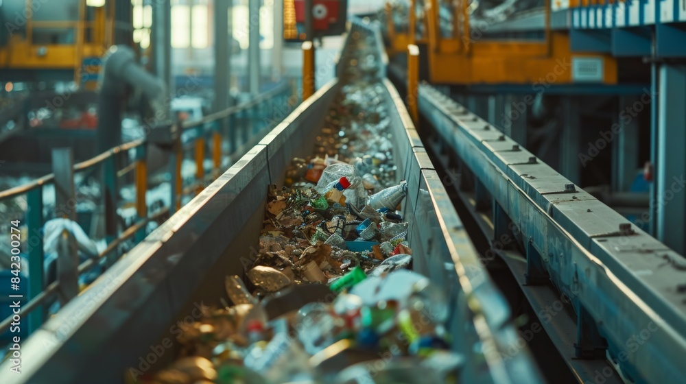Conveyor belt transporting mixed recyclable materials through an industrial recycling facility, emphasizing sustainability and waste management processes. Conveyor belt transporting mixed recyclable materials through an industrial recycling facility, emphasizing sustainability and waste management processes.